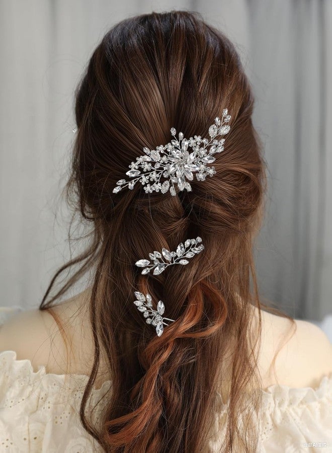 AELUUAKE 4Pcs Silver Bride Wedding Hair Comb Hair Pins Set Crystal Bridal Hair Side Combs Rhinestones Decorative Combs Hairpins Flower Bridal Headpieces Hairpiece Clips Accessories for Women Girls - Image 2